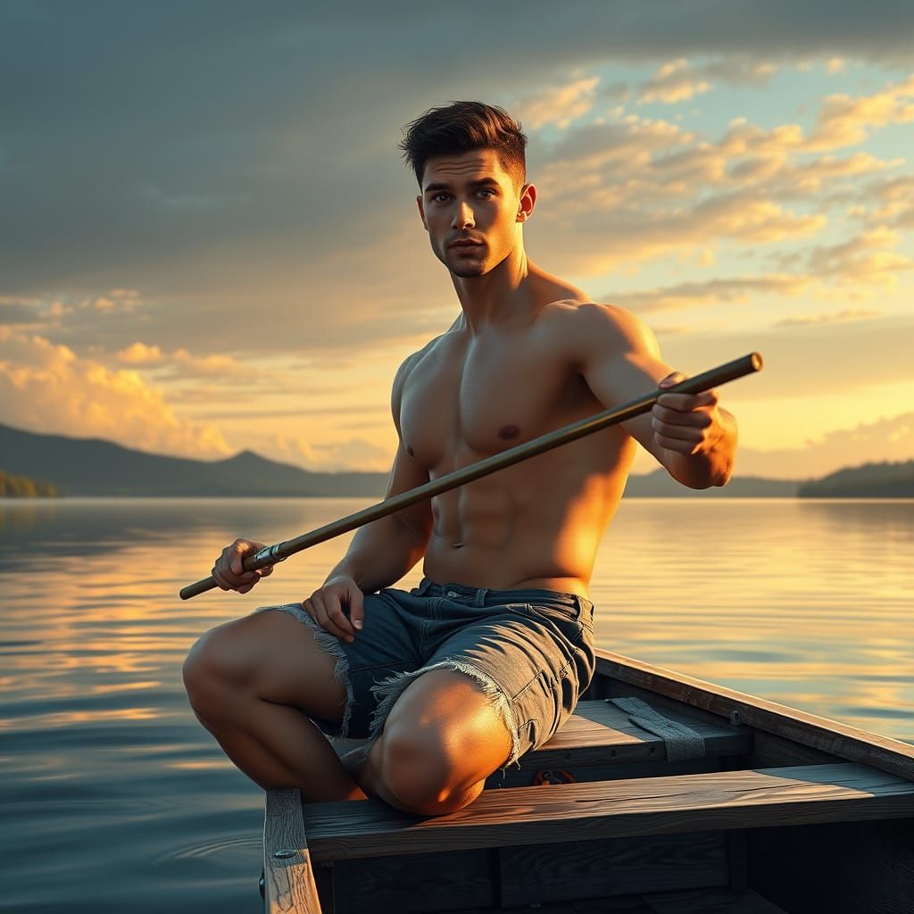 Man Fishing at Sunset: Realistic Art Style