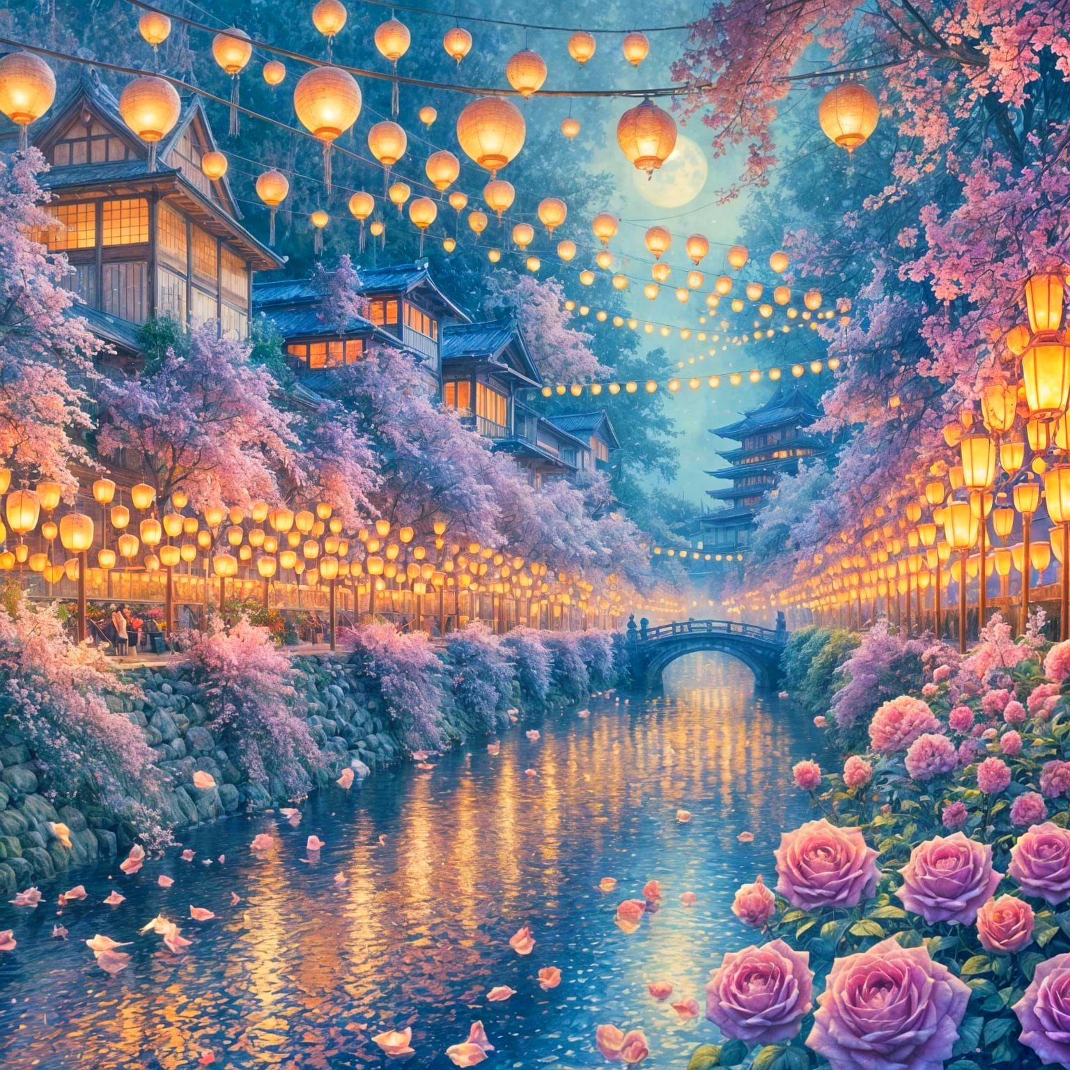 Kyoto Canal Scene With Lanterns and Rose Canopy