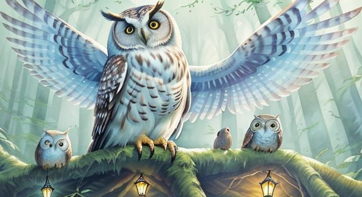 Magic Realism Owl Kingdom in Watercolor Style