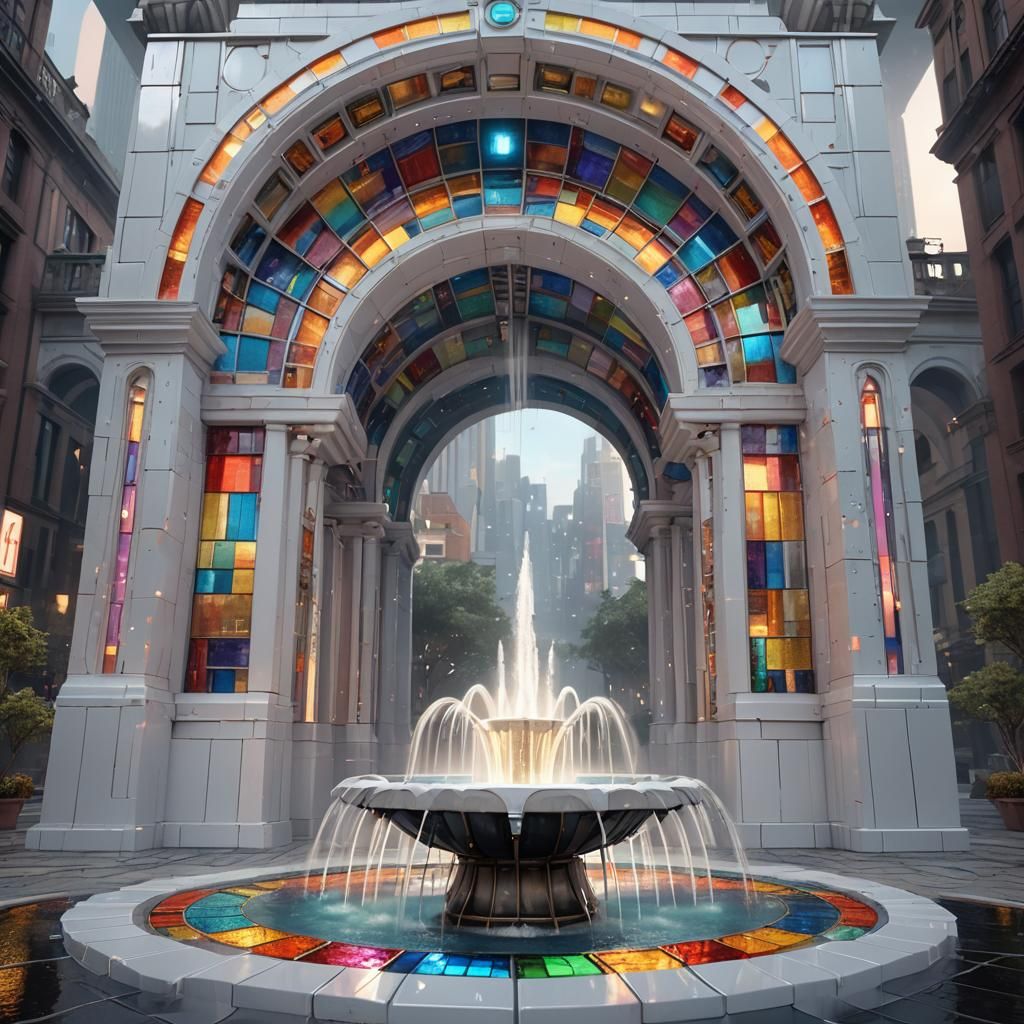 Sci-Fi Fountain Arch in Cyberpunk Style