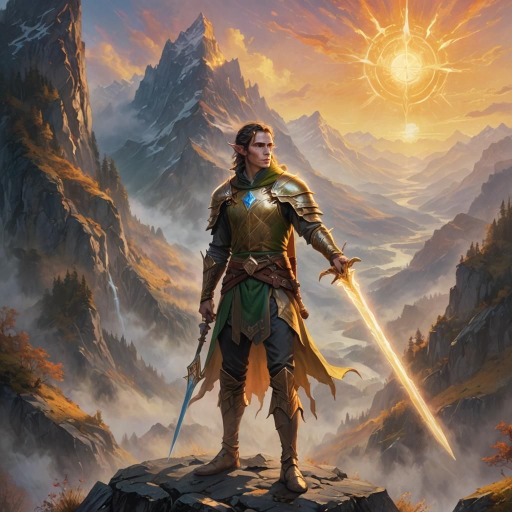 Half-Elf Hero with Sun Sword in Oil Painting