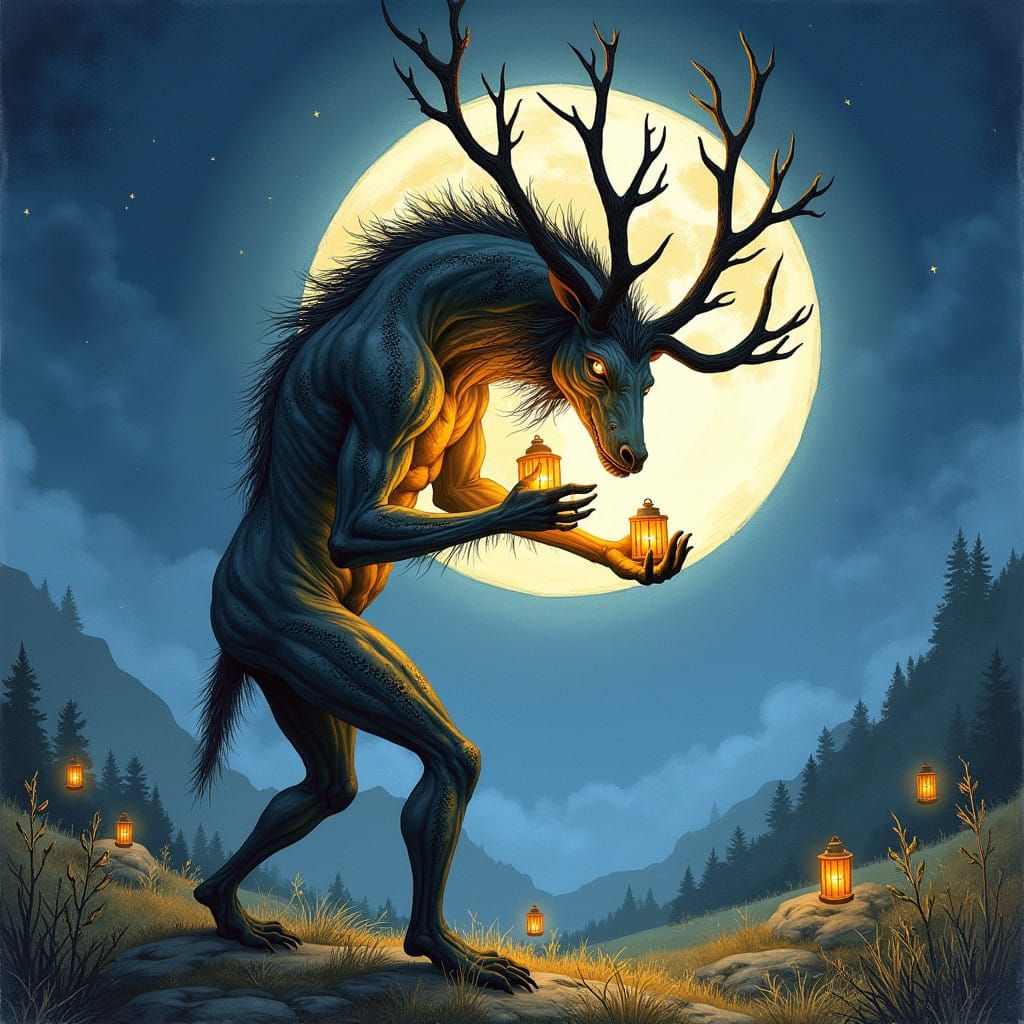 Mystical Wendigo under Full Moonlit Valley