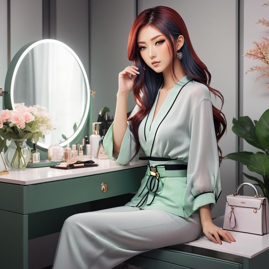 Beautiful Anime Girl at Vanity in Manga Style