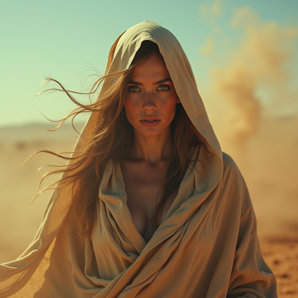 Witch in Sandstorm: Vibrant, Photorealistic Analog Portrait