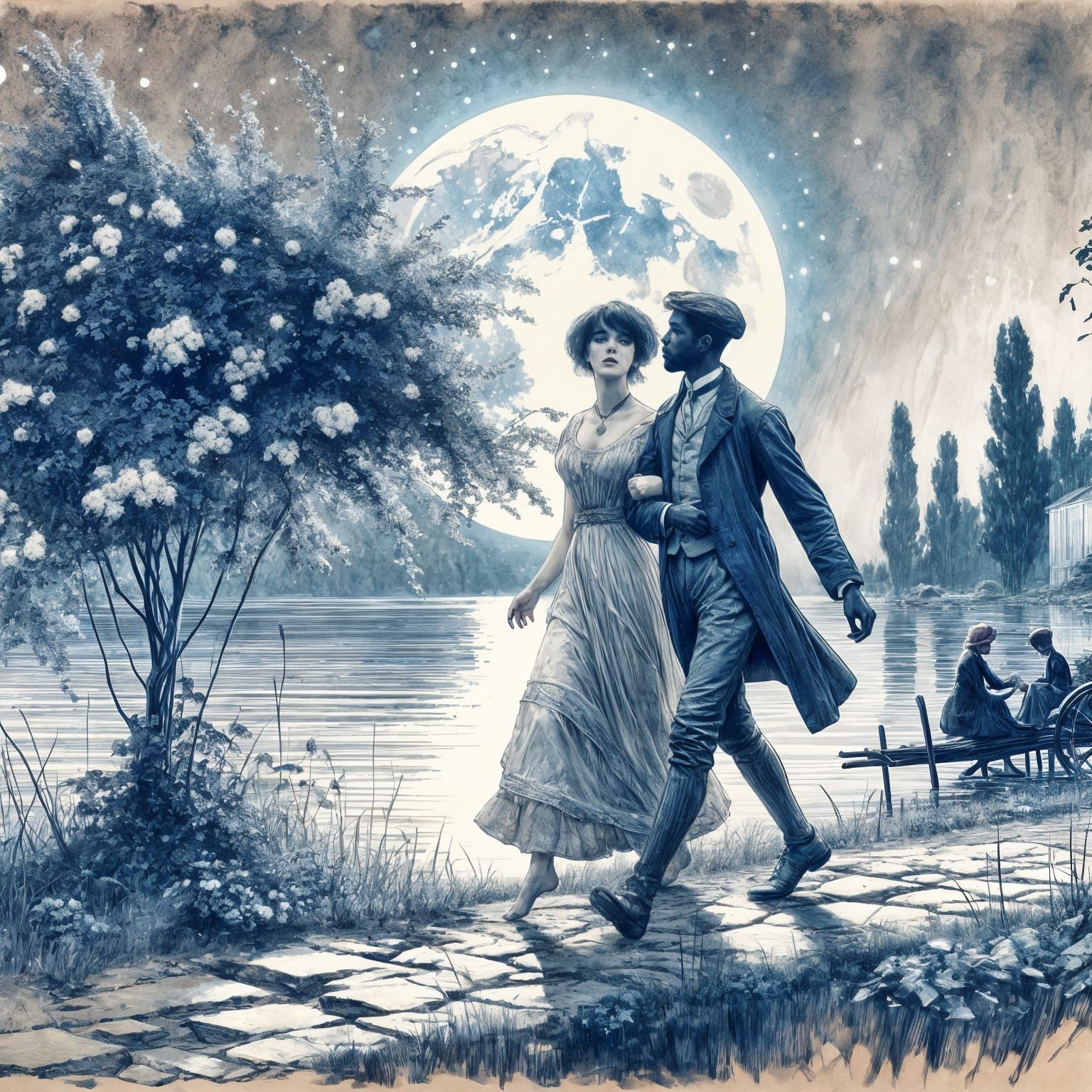A beautiful couple walks by the lake in the moonlight