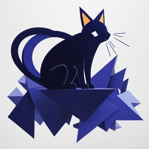 Minimalist Geometric Cat in Purplish-Blue Paper Art