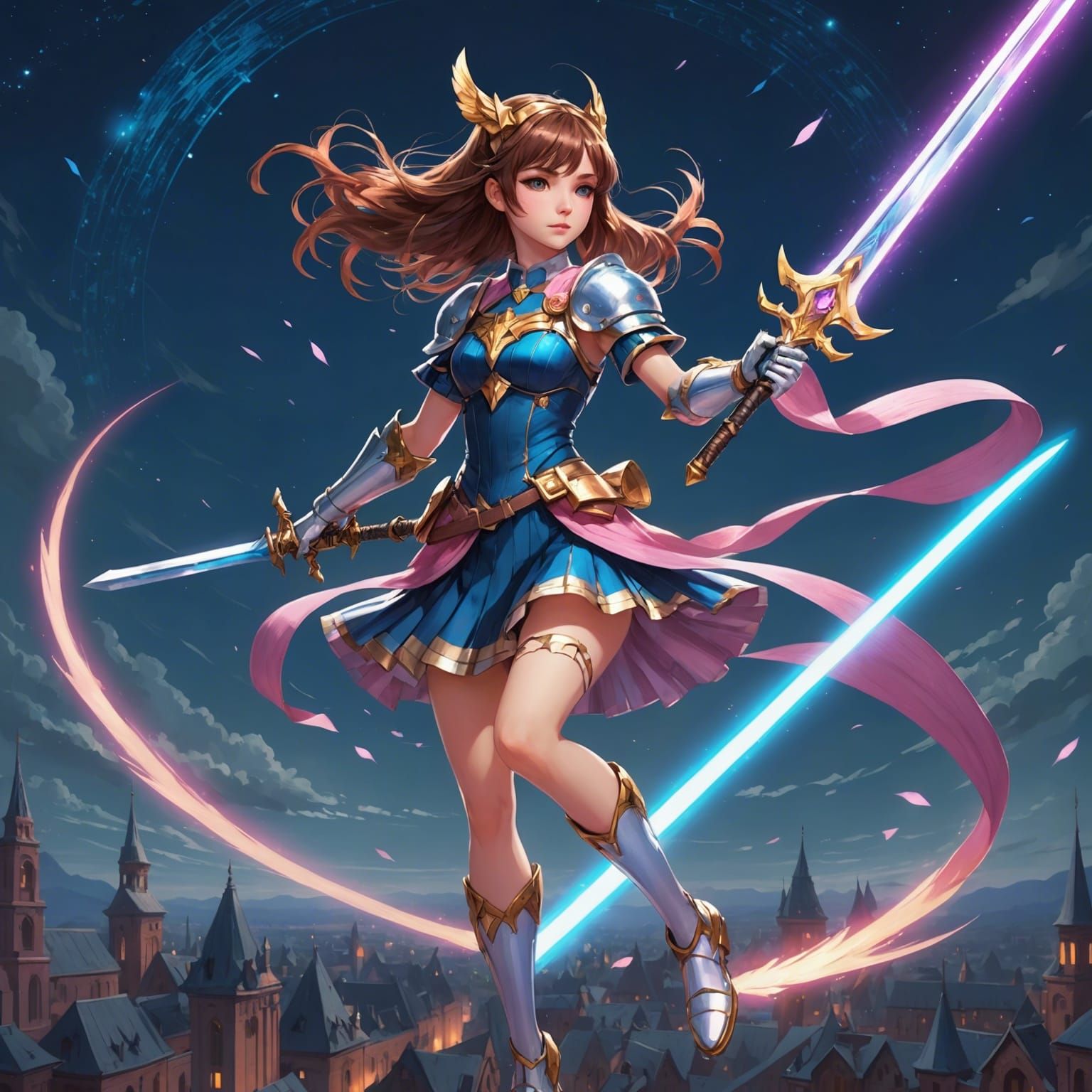Anime Magical Girl with Luminous Sword in Flight
