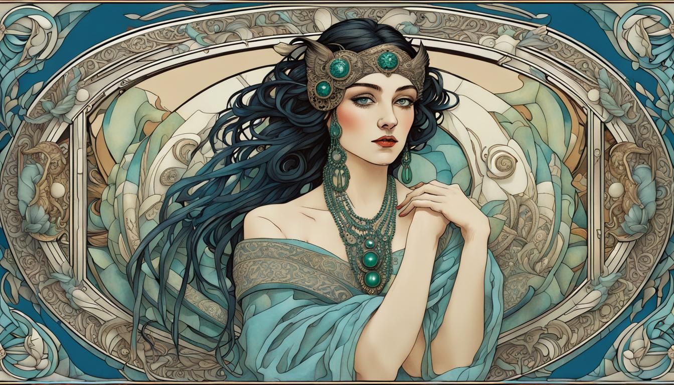 Art Deco Owl Girl Portrait with Celtic Border