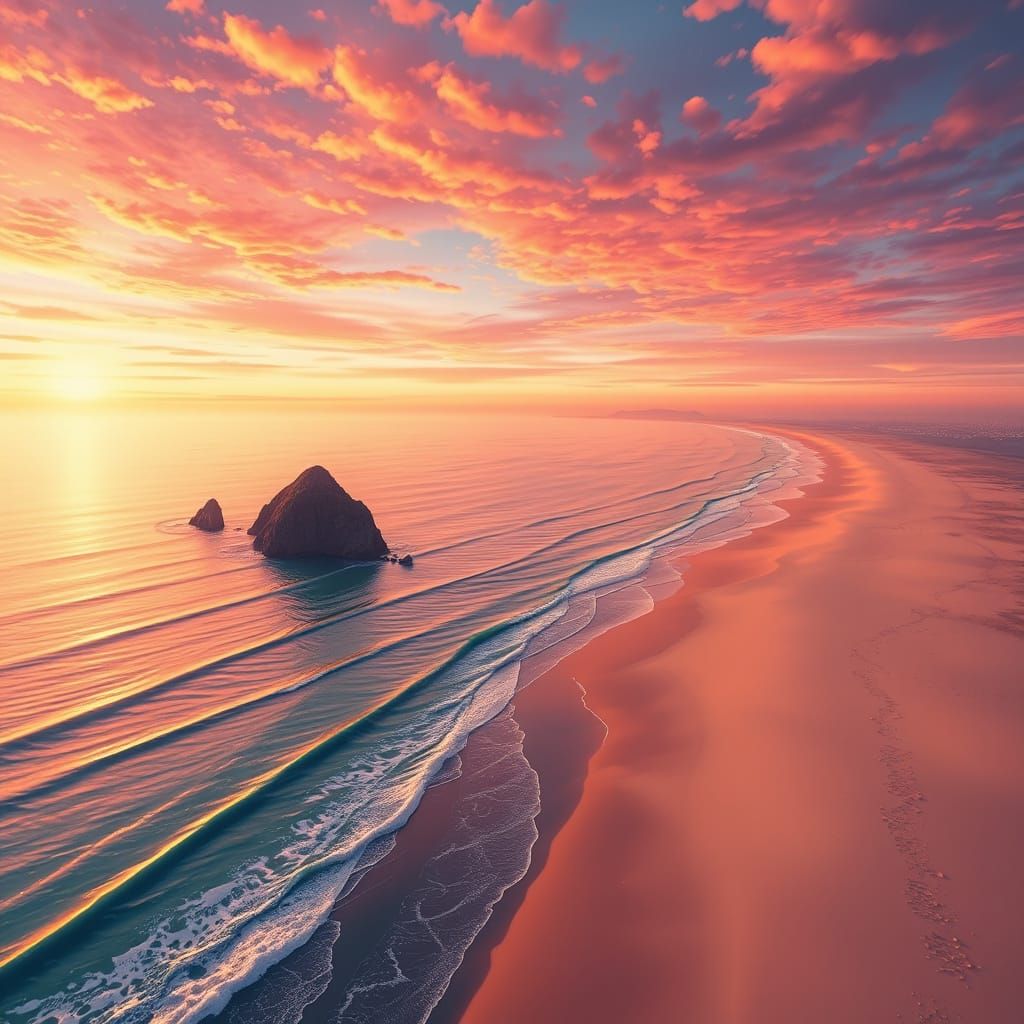 Stunning Beach Sunset Aerial View in Anime Style