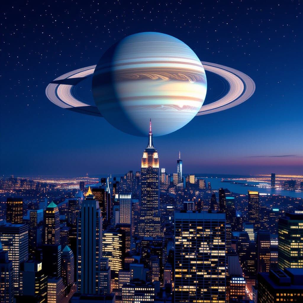 Saturn Over New York City in Hyperrealistic Style