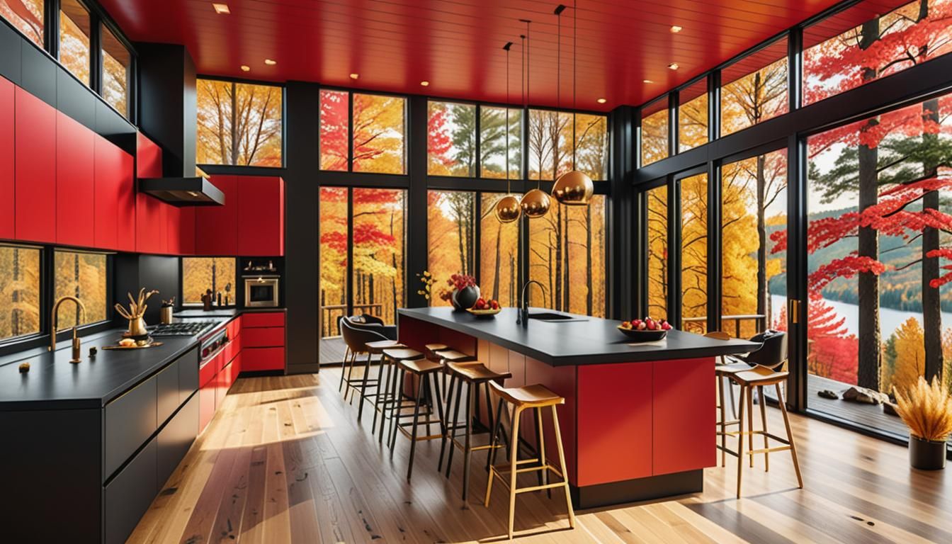 Modern Kitchen in Forest Cabin with Autumn Views