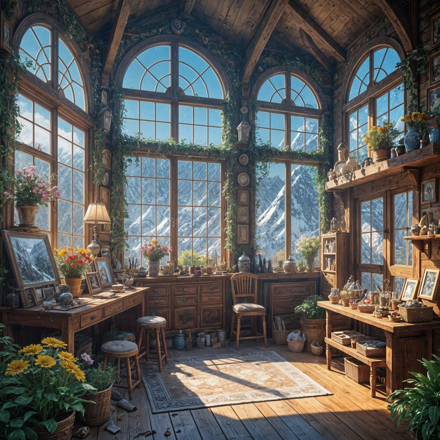 Warm Winter Cabin Scene with Cozy Living Room