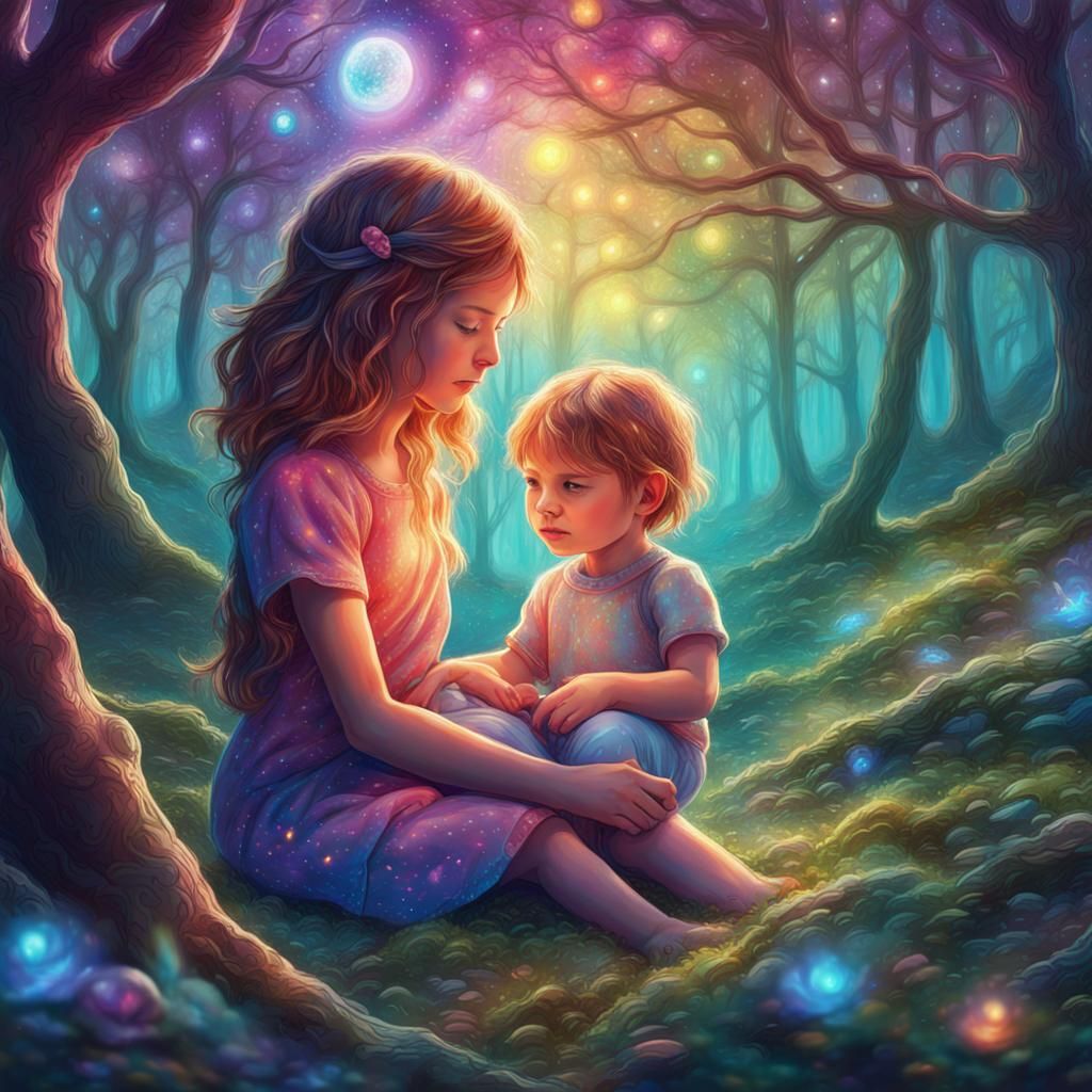 Magical Forest: Siblings Play in Astral Illustration