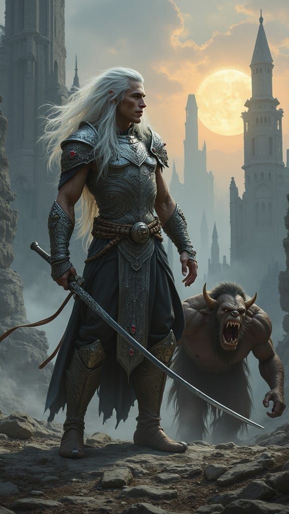 Ethereal Elf Warrior in Ancient Battle Scene