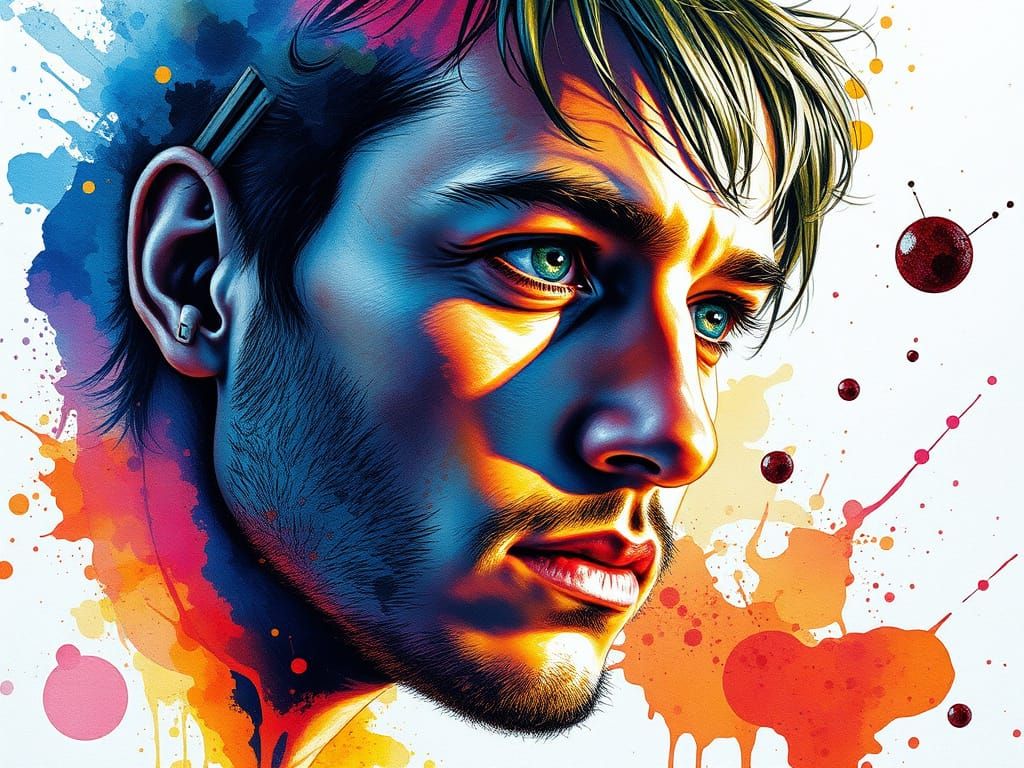 Dramatic Portrait with Watercolor Ink Background