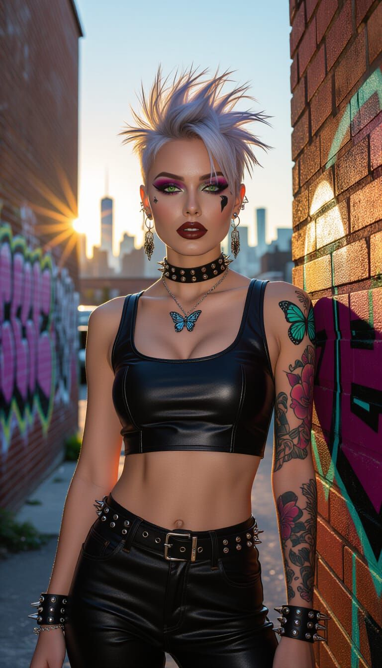 Punk Rock Woman in New York Alley at Golden Hour