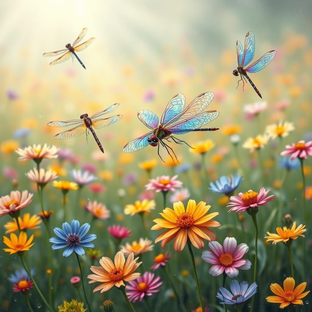 Whimsical Dragonflies Dance in a Rainy Meadow
