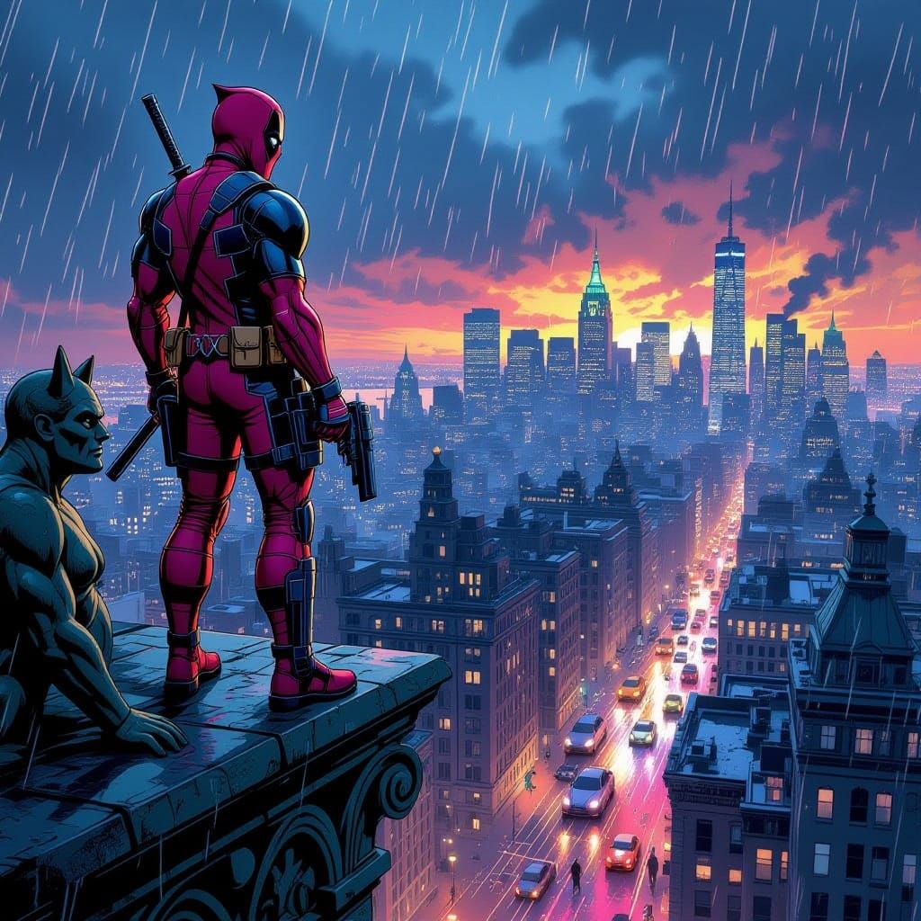 Deadpool on Gargoyle Overlooking Chaotic Gotham Battle