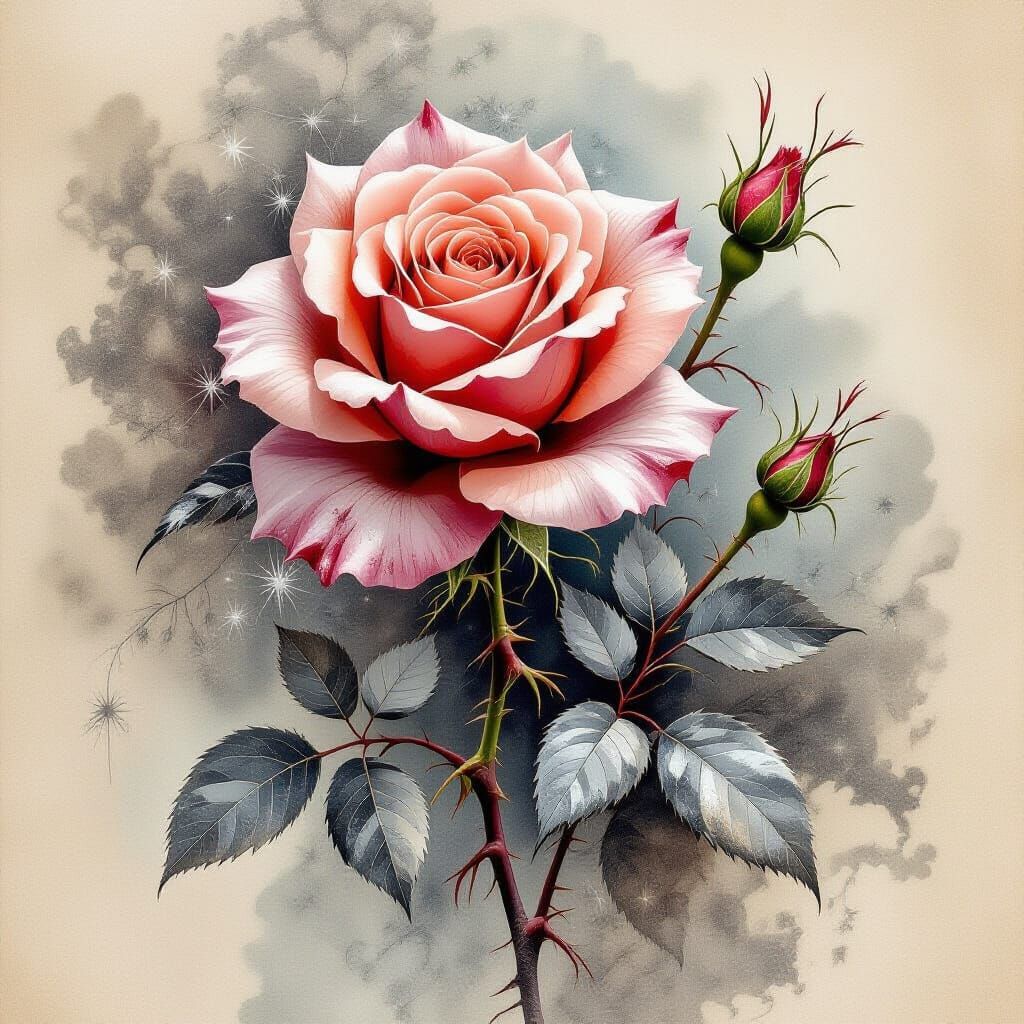 Gothic Rose in Frost: Sepia Watercolor and Charcoal Textures