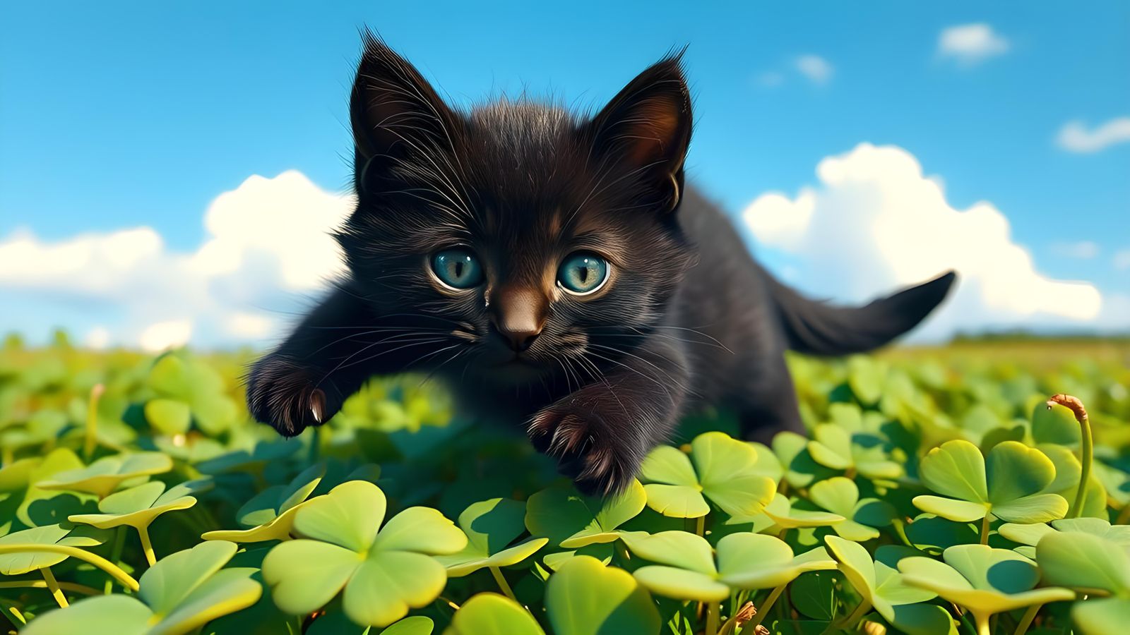 Black Kitten Playing in Clover Field