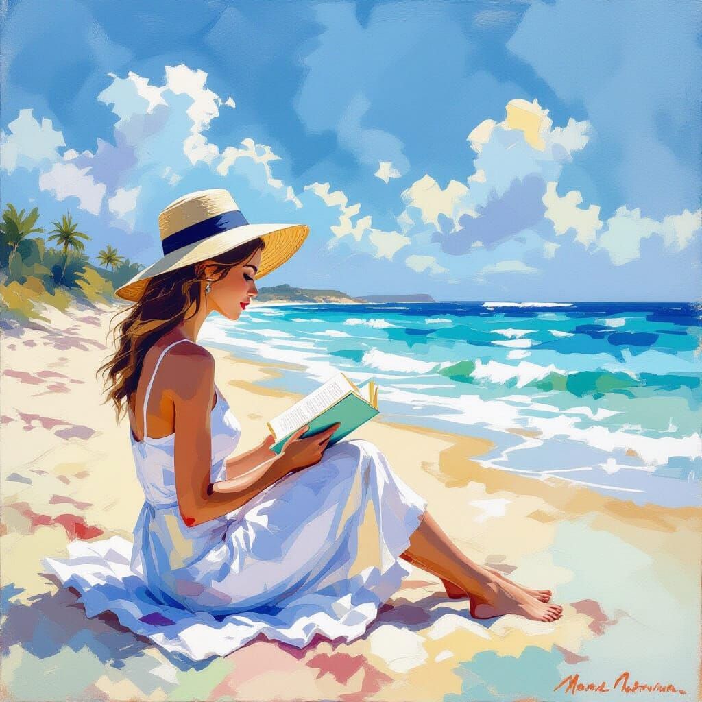 Woman Reading on Beach in Impressionist Gouache Style
