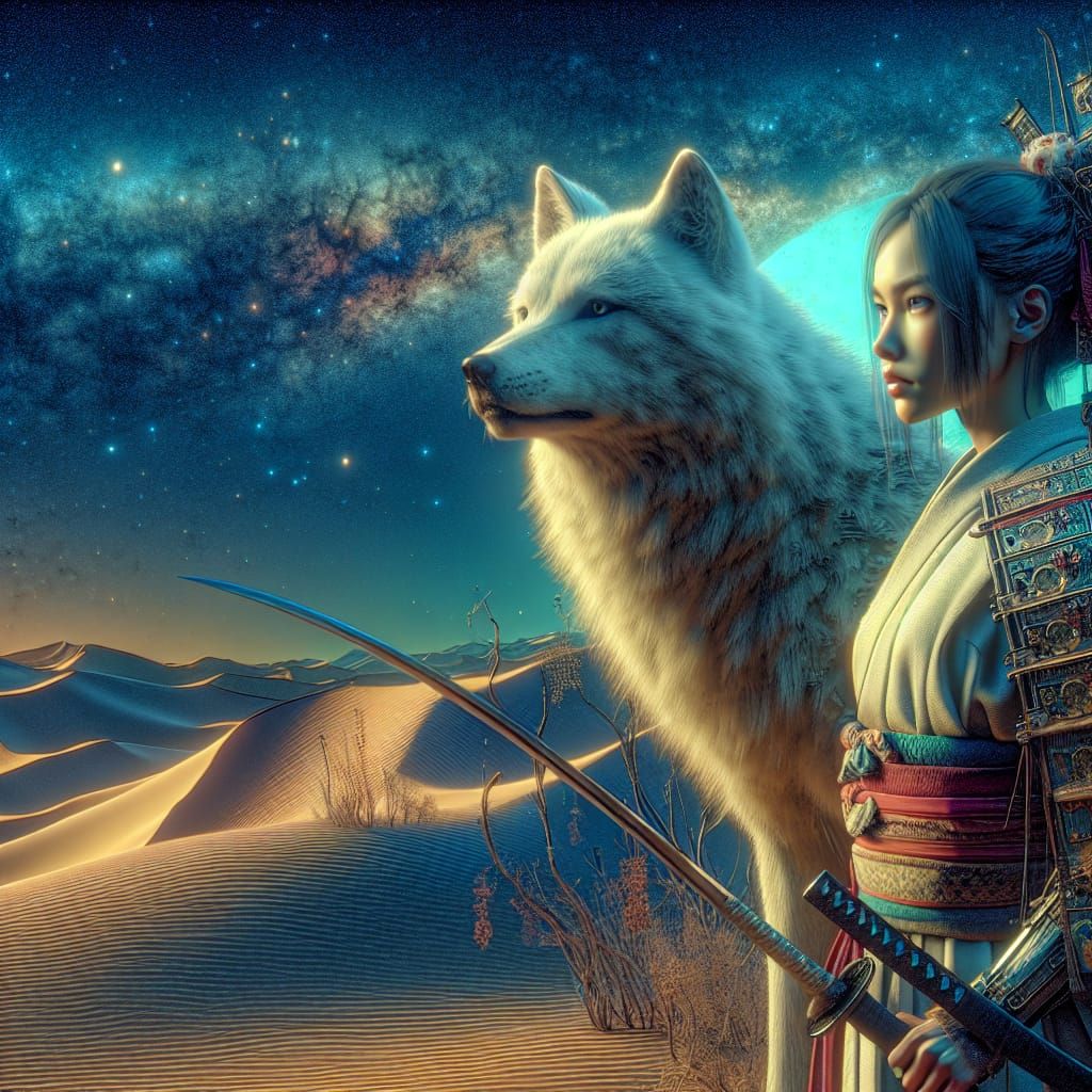 Samurai Girl and White Wolf in Desert Portrait