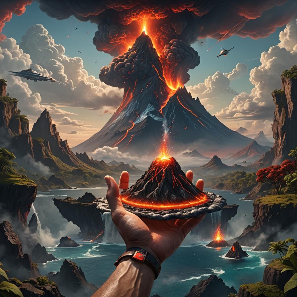 Volcanic Island Held in Giant Hand: Dark Fantasy Art