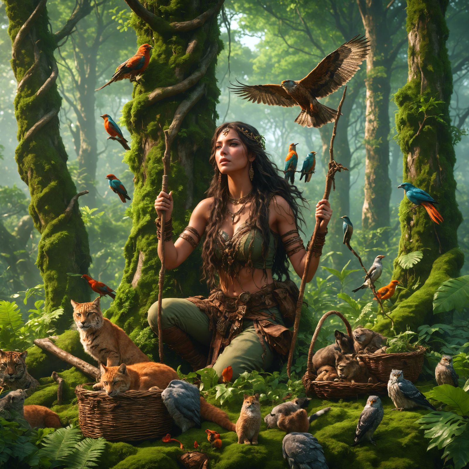 Wilderness Woman in Thriving Forest Environment