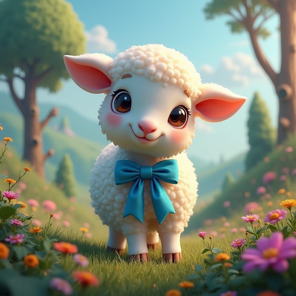 Lamb with Blue Ribbon in Dreamlike Landscape