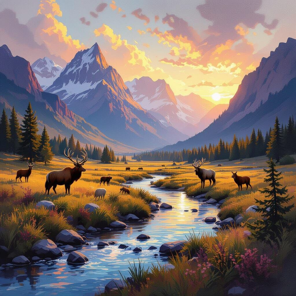 Majestic Mountains and Wildlife in Impressionist Impasto Sty...