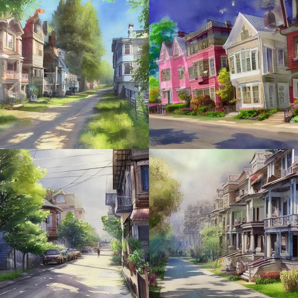 Charming Summer Street Scene in Watercolor Style