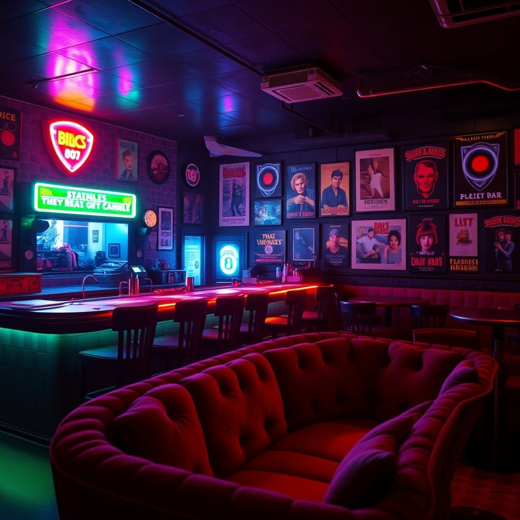 Retro 80s Bar Interior with Neon Lights