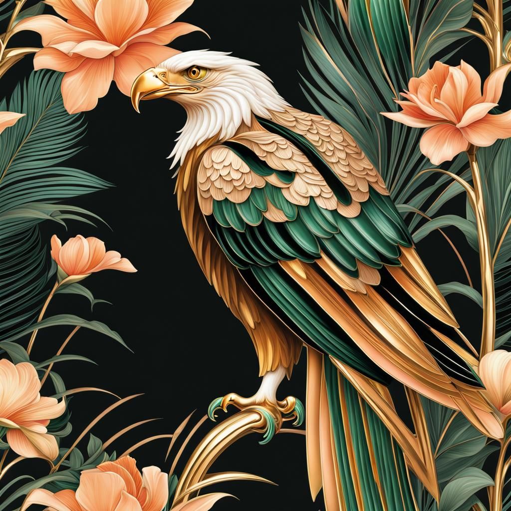 Elegant Art Deco Eagle with Bird-of-Paradise Flowers