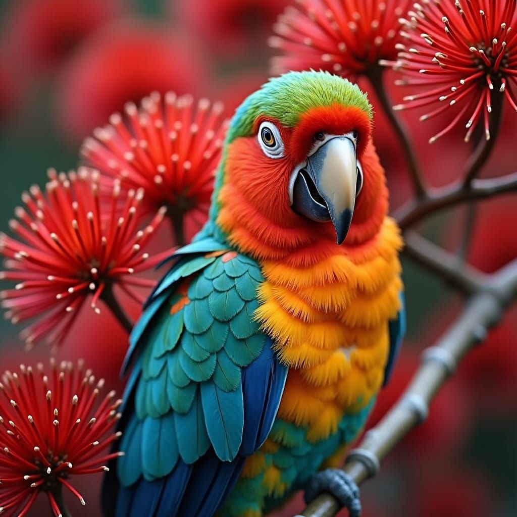 Rosella Parrot Among Red Bottlebrush Flowers