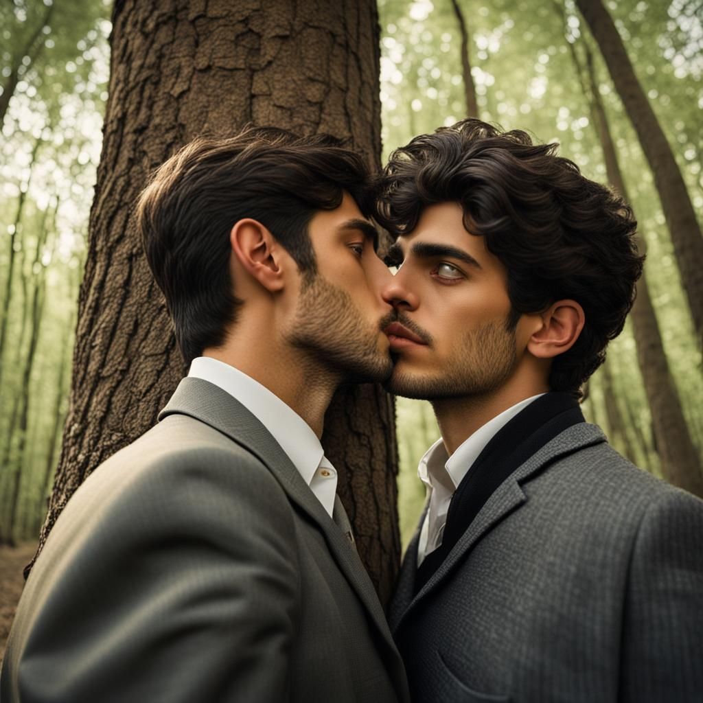 High Detail Portrait of Persian Men Kissing