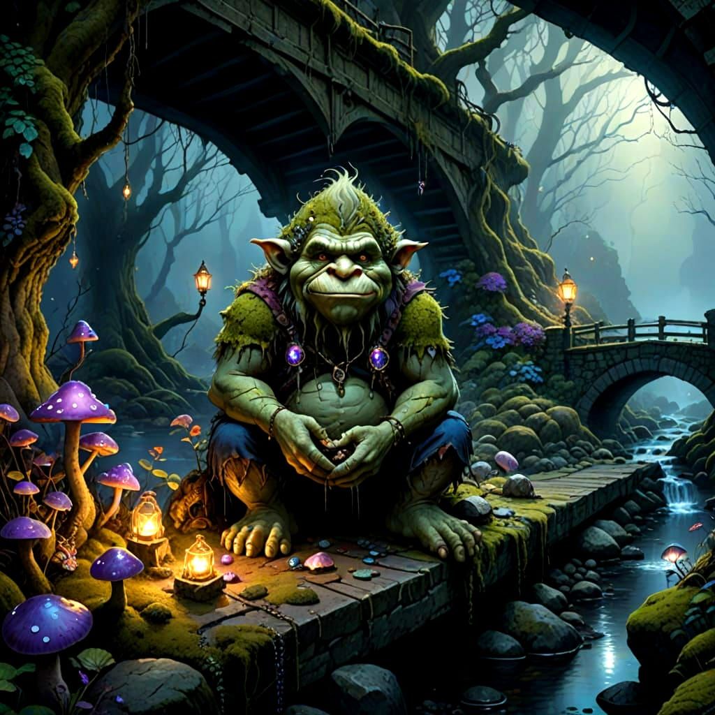 Troll Guarding Treasure in Ethereal Dark Fantasy Style