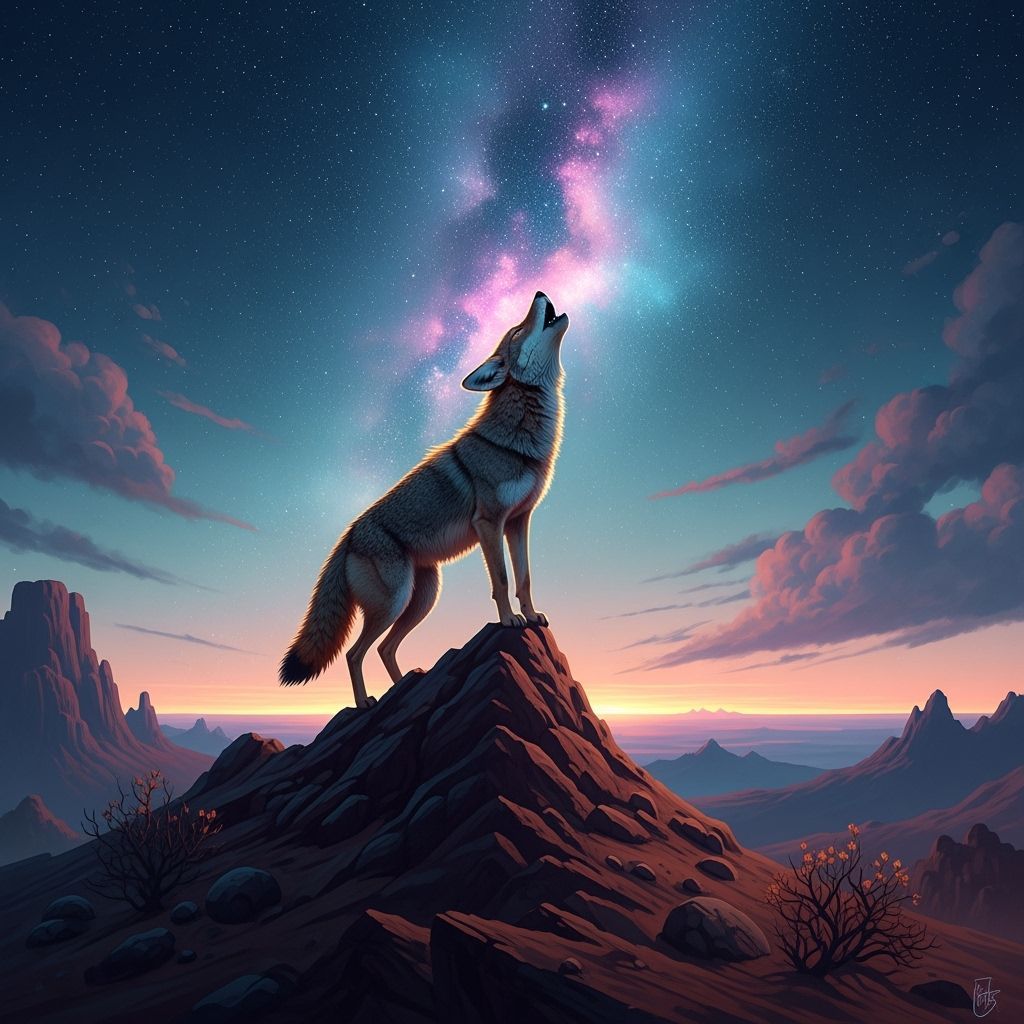 Coyote Howling at Starry Night Sky
