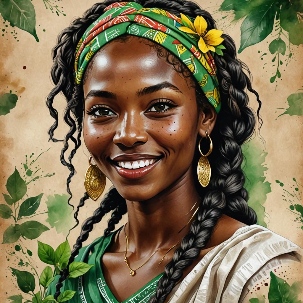 Kenyan Woman Portrait with Braids and Bandana in Watercolor