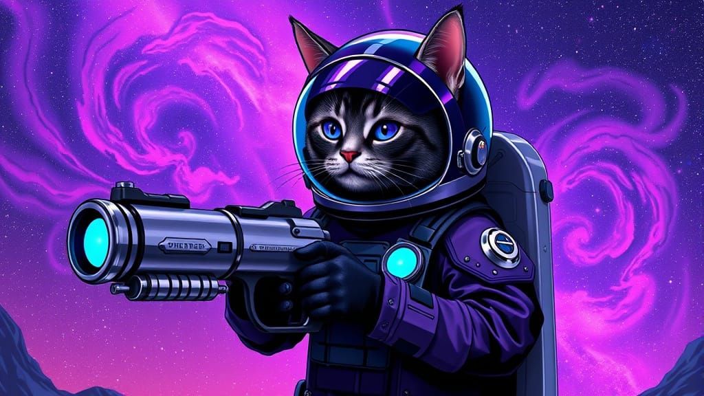 Sleek Space Cat Wields Futuristic Ray Gun Under Starry Skies