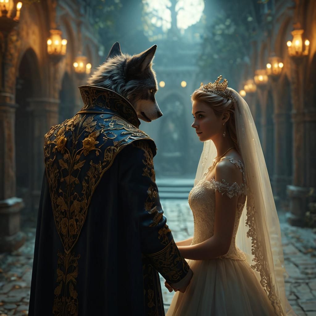 Wolf King and Bride in Dark Fantasy Illustration
