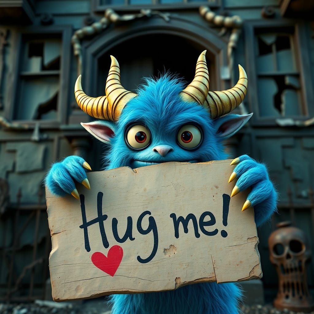 Creepy Demon Cradles a Sign with a Beguiling Smile