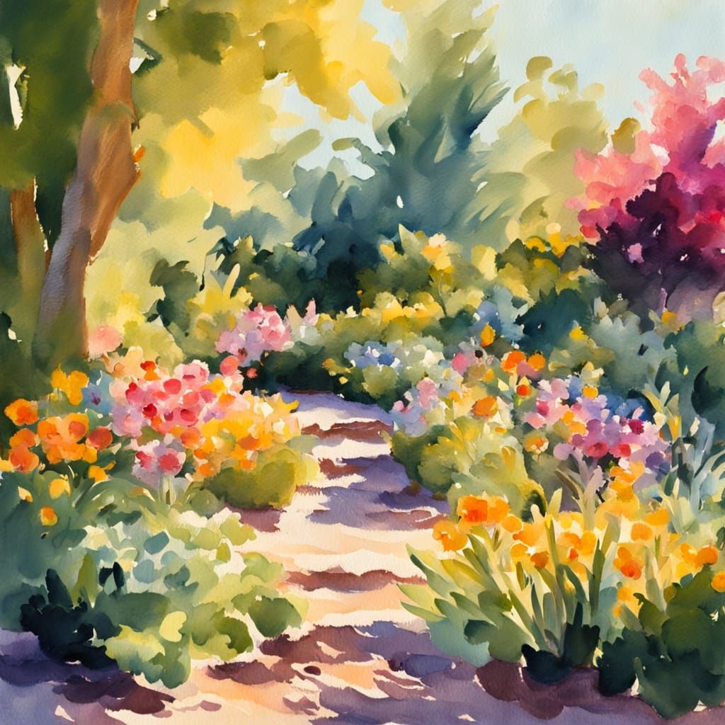 Sunny Garden Spot Impressionist Gouache Painting