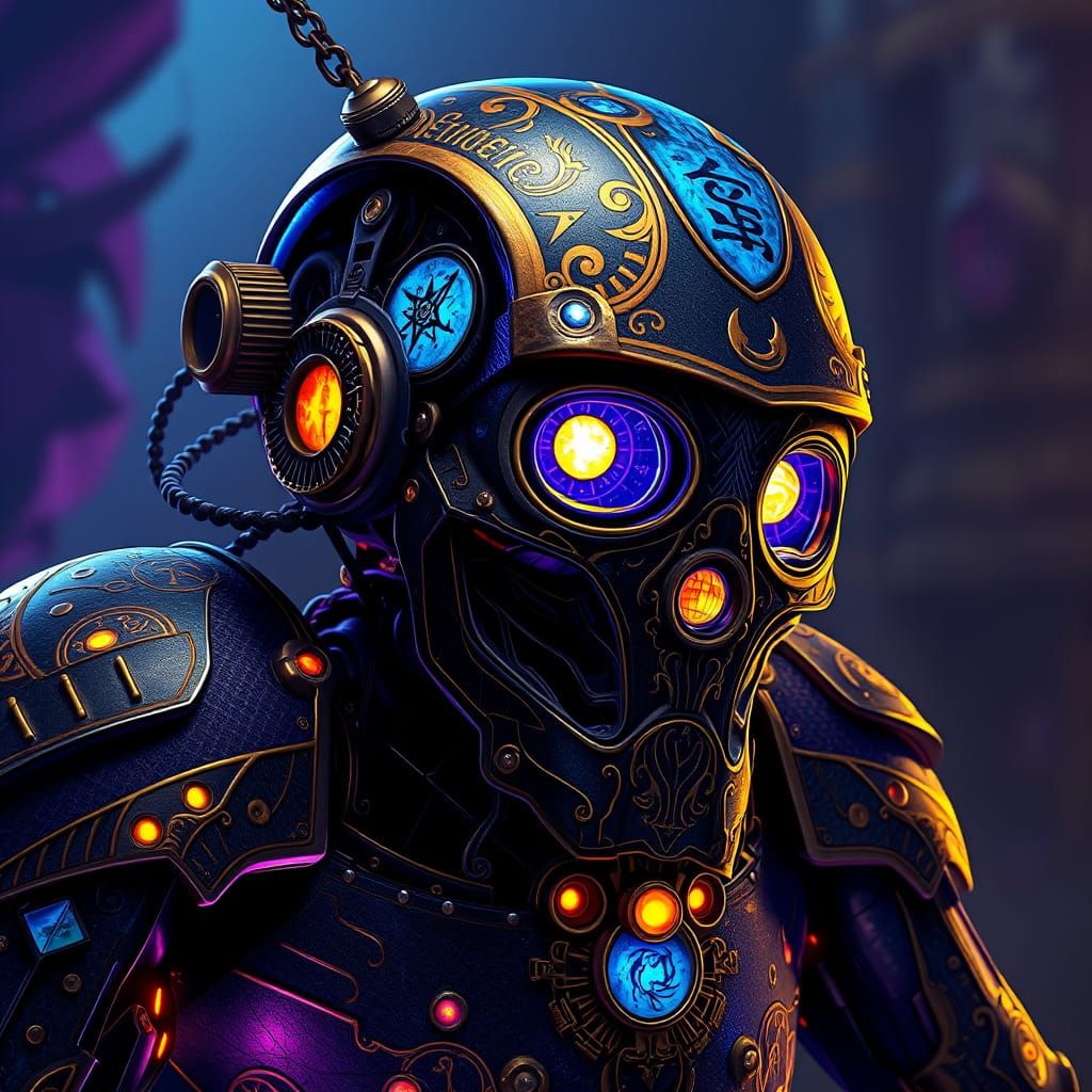 Steampunk Robot with Arcane Runes in Fantasy Style