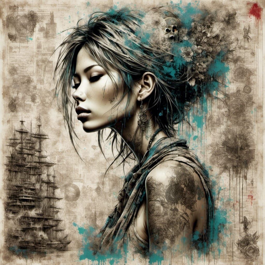 Figure Returning from Sea in Grunge Style