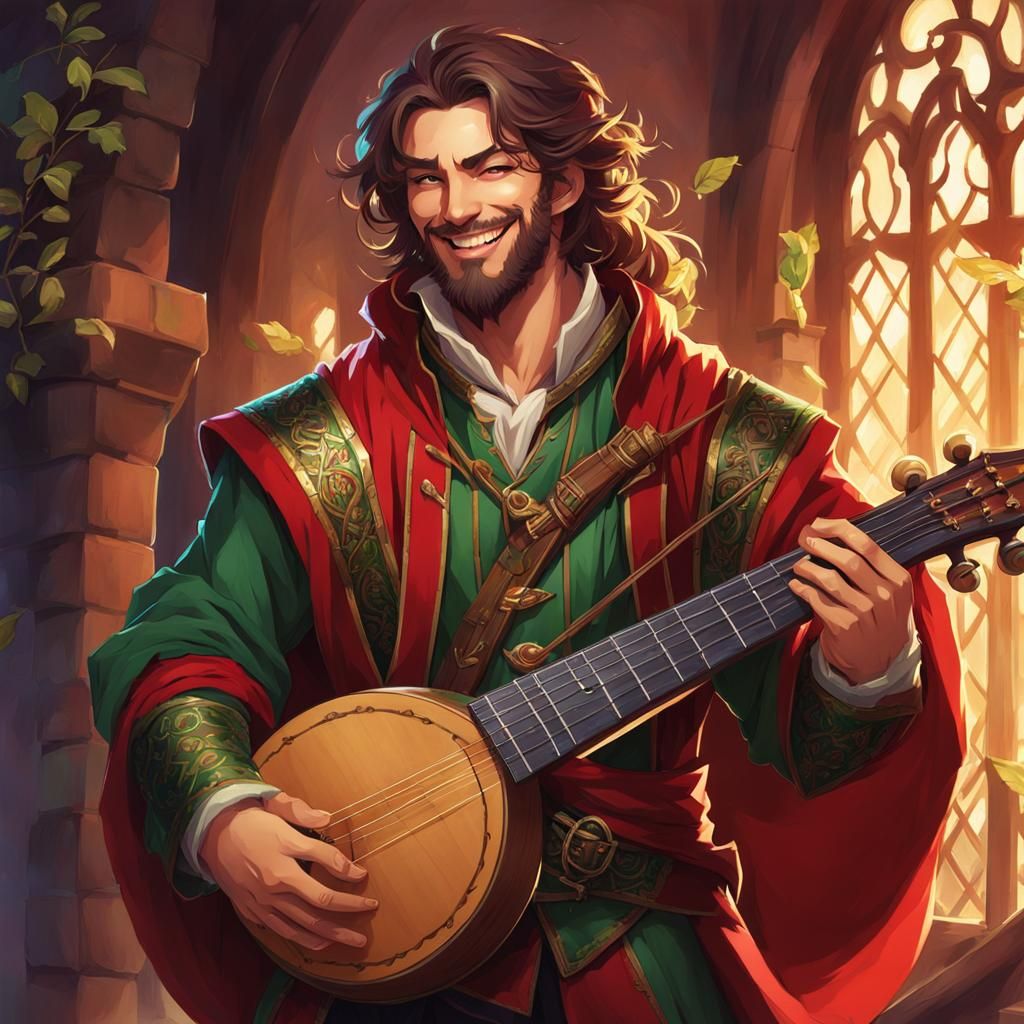 Grinning Bard with Lute in Anime Style