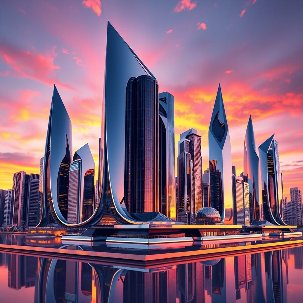 Futuristic Chrome Cityscape at Sunset