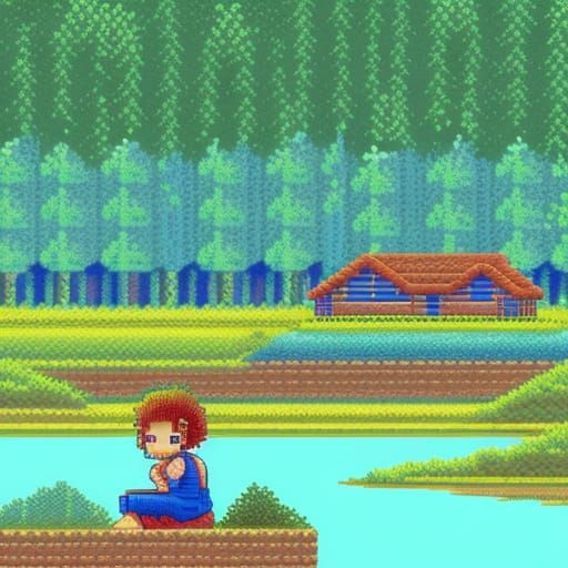 Pixel Art Cabin by Lake: Anime Concept