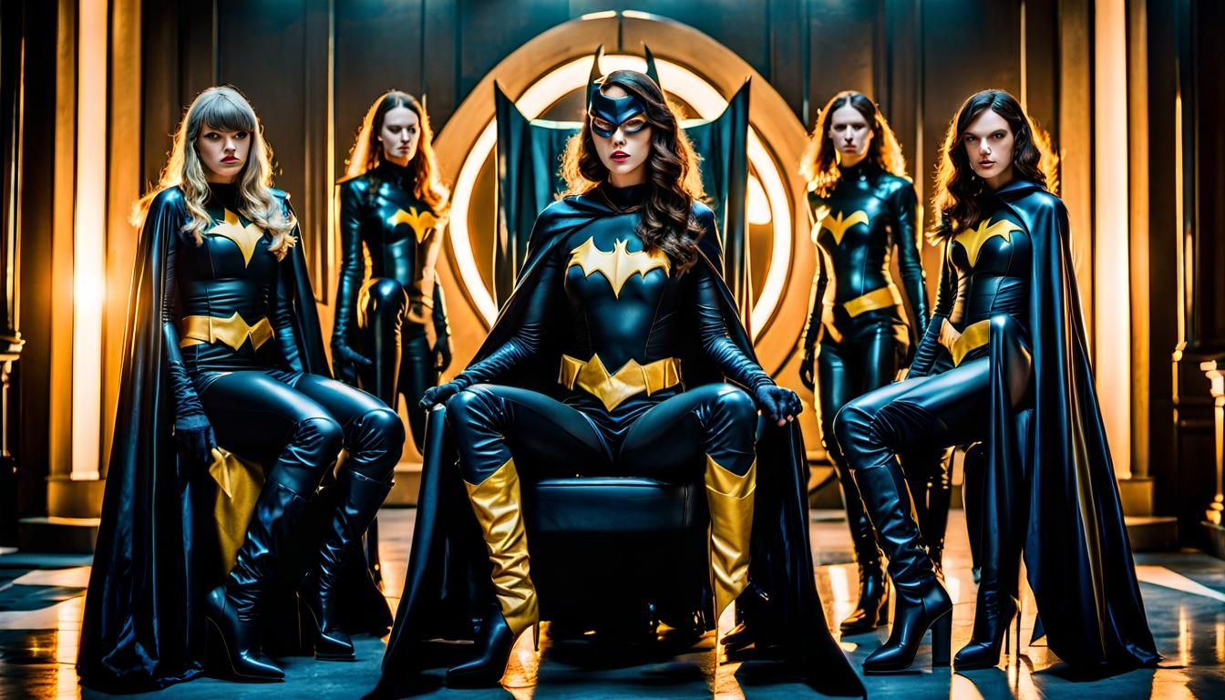 BatGirl in Latex Gown on Throne: Cinematic Film Still