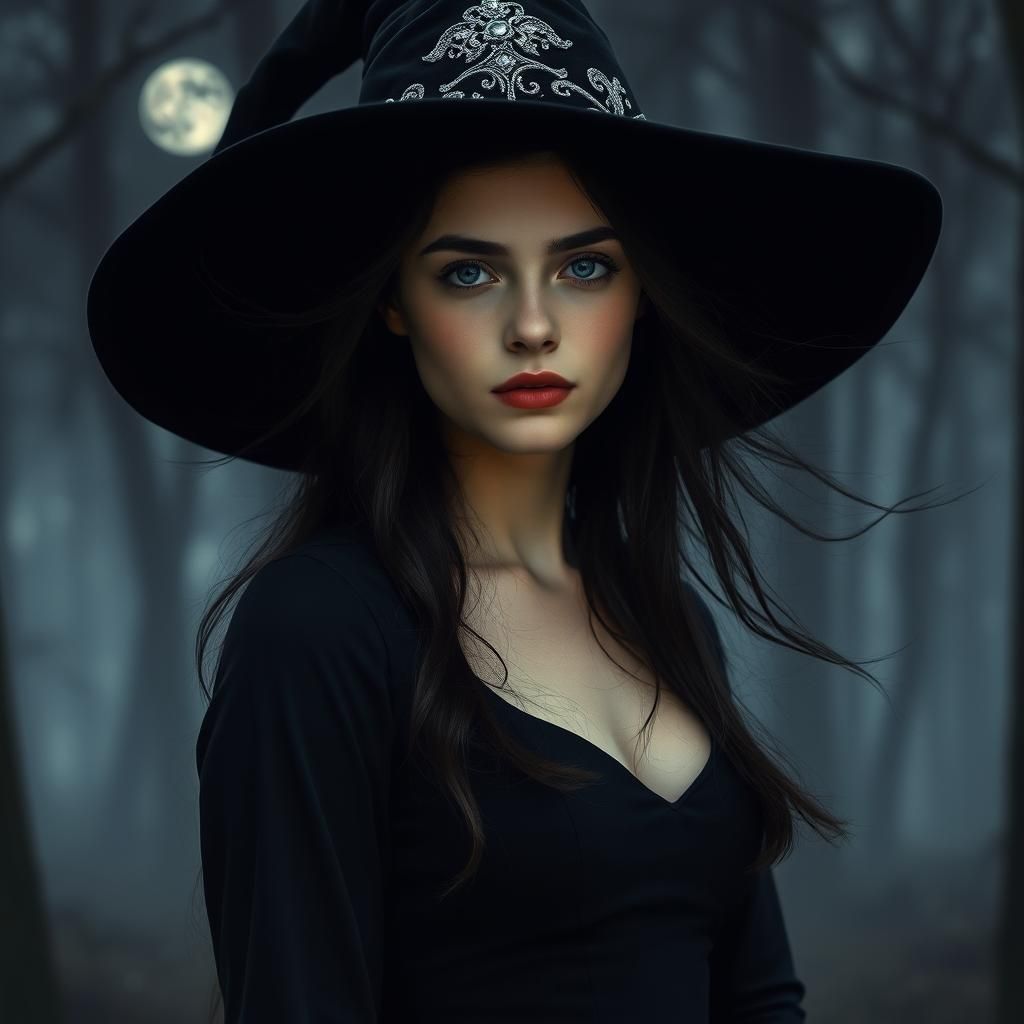 Enchanting Young Witch in Misty Forest, Pre-Raphaelite Style