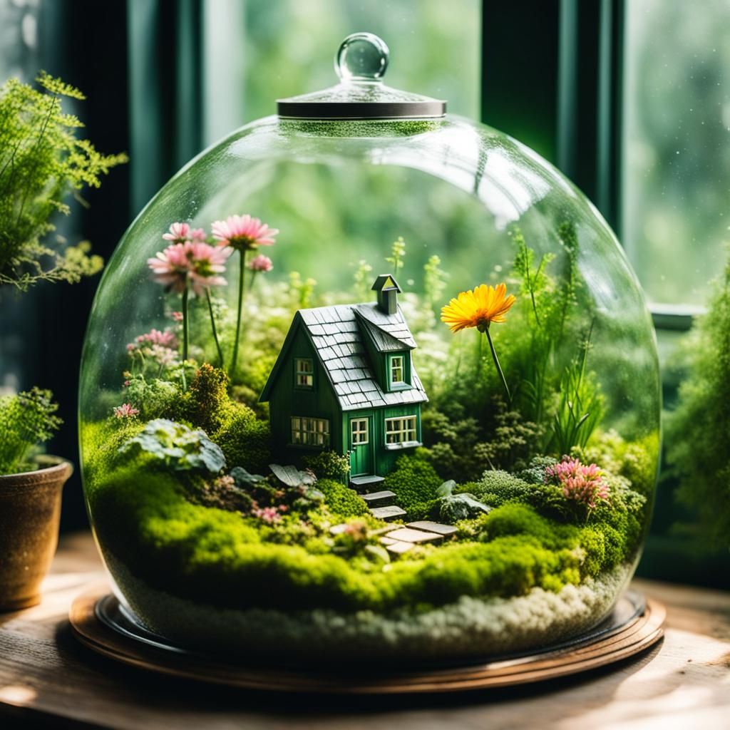 Closed Terrarium Greenery Tiny House With Mold, Algae & Flow...